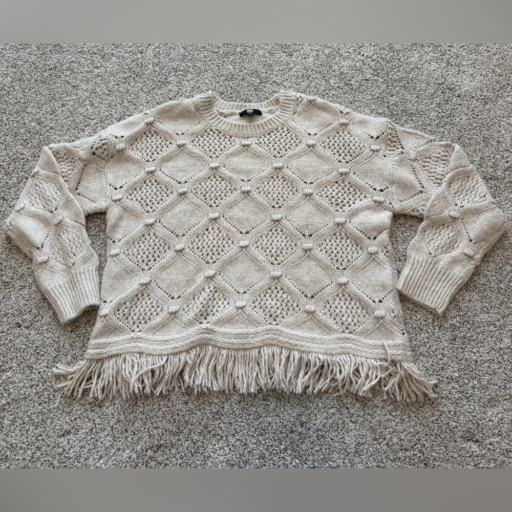 Frye Oatmeal Heather Knit Fringe Sweater | Boho Chunky Textured Pullover Large